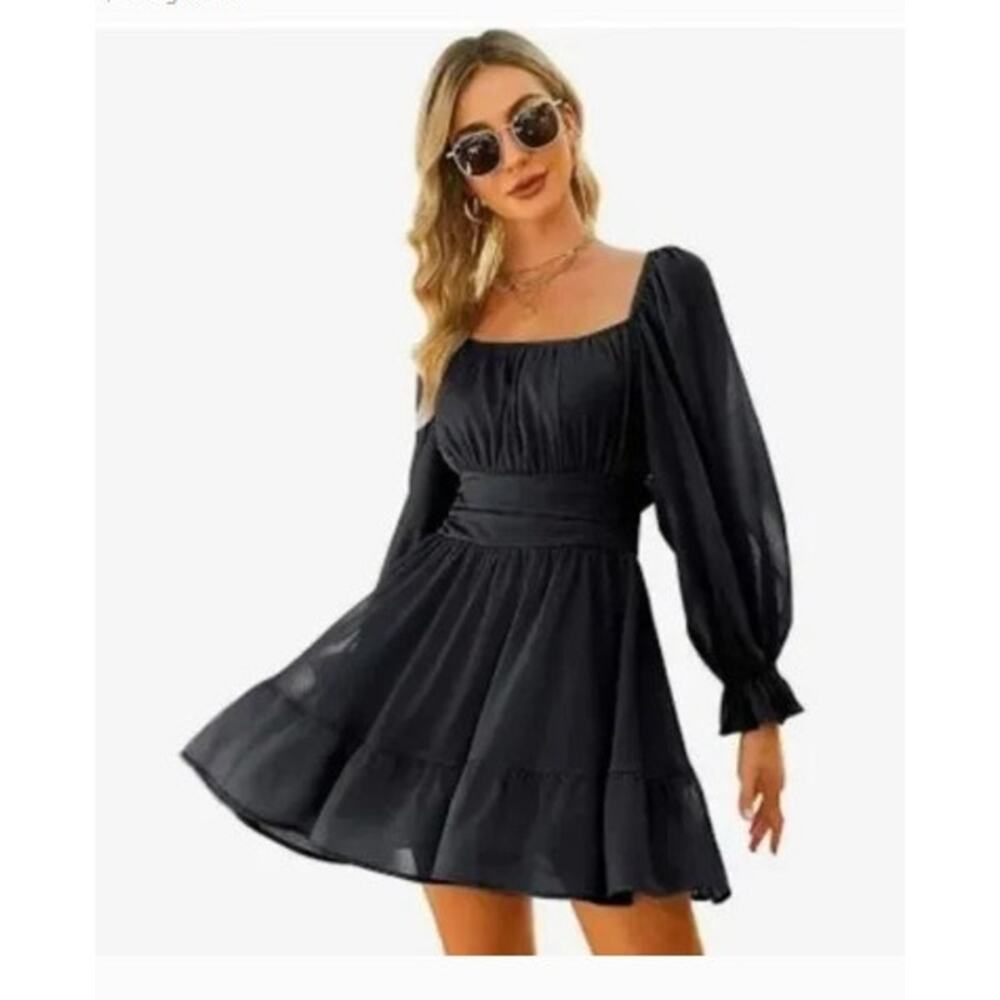 New NWT EXLURA Black‎ Ling Sleeve Tie Back Dress Large